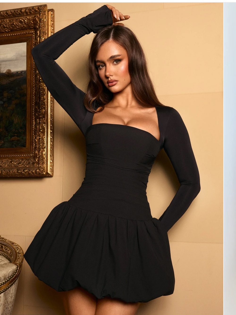 Oh Polly Black Long-Sleeve Square Neck Mini Dress